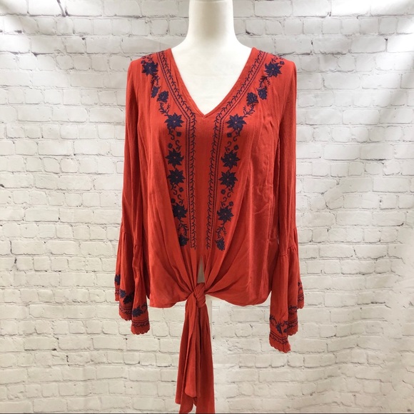 Altar'd State Tops - Altar’d State Red Tie Front Boho Embroidered Top